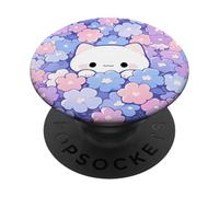 Kawaii Cute White Cat Hiding In Spring Flowers Designs PopSockets Adhesive PopGrip