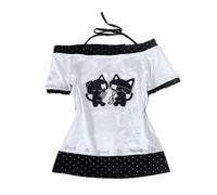 Kawaii Cutecore Harajuku Vintage Y2k 2000s Tops Summer Alt Goth Emo Short Sleeve Graphic Tees, White Black Polka Dot, M