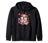 Kawaii Dog English Bulldog Bubble Boba Tea Zip Hoodie