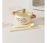 Kawaii Double Handle Noodle Bowl with Lid - 27oz Ceramic Ramen Bowl for Microwave & Dishwasher, Cute Soup Bowls for Instant Noodles, College Dorm Room Essentials Set