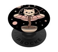 Kawaii Fishing Cat Alien UFO Abduction Adorable Cute Ramen PopSockets Adhesive PopGrip