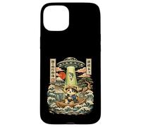 Kawaii Fishing Cat Alien UFO Abduction Vintage Ukiyo-e Case for iPhone 15 Plus