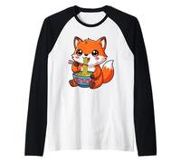 Kawaii Fox Eating Ramen Graphic Japanese Anime Aesthetic Raglan Baseball Tee