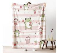 Kawaii Frog Throw Blanket for Couch, Cartoon Animal Fleece Blanket 40"x60" Lightweight, Cute Strawberry Heart Blankets for Bed, Warm Soft Cozy Washable Bedding for All Season