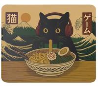 Kawaii Gamer Cat Mouse Pad Funny Ramen Retro Japanese Anime Mousepad for Gaming, Black Cat with Headphones & Controller