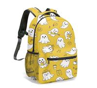Kawaii Ghost Rucksack for Kids Adults, 42CM Yellow School Bag with Smiley Face & Musical Notes, Japanese Illustration 360° All-over Print (01)