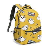 Kawaii Ghost Rucksack for Kids Adults, 42CM Yellow School Bag with Smiley Face & Musical Notes, Japanese Illustration 360° All-over Print (02)
