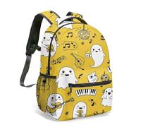 Kawaii Ghost Rucksack for Kids Adults, 42CM Yellow School Bag with Smiley Face & Musical Notes, Japanese Illustration 360° All-over Print (03)