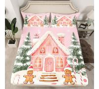 Kawaii Gingerbread House Fitted Sheet Double,Christmas Gingerbread Man Bed Sheets 3 Pieces(No Flat Sheet),Pink Cream Candy Bedding Set for Kids Adults,Cute Xmas Themed Deep Pocket Sheet