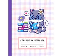 Kawaii Gray Cat Notebook - Cute Glasses Cat Reading a Blue Book | Pastel Purple Gingham Composition Book for Girls & Cat Lovers | Wide Ruled, 120 ... Journal for Girls, Students & Bookworms