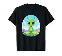 Kawaii Green Alien in Meadow Fantasy Landscape T-Shirt