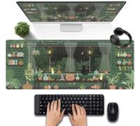 Kawaii Rainy Night Desk Mat Green Plants Gaming Mouse Pad XL, Aesthetic Anime Black Cat Desk Pad Laptop Computer Keyboard Mouse Mat, Desktop Decor Accessories for Girl Women Office 31.5"x11.8"