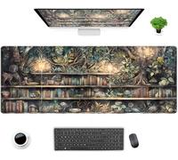 Kawaii Green Tree Desk Mat Cute Mouse Pad Anime Forest Library Book Mousepad XL Large Extended Gaming Desk Matt for Desktop, Keyboard and Mouse Mat for Women Office Decor Accessories 31.5x11.8 in