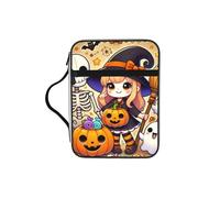 Kawaii-Halloween-Witches-Skeletons Bible Cover Case with Handle, Water-Resistant Oxford Fabric Bible Bag Organizer with Zipper Pockets for Church