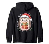 Kawaii Hedgehog Christmas Santa Hat Holding Holiday Box Zip Hoodie