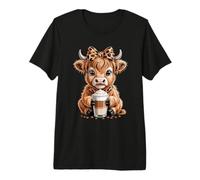 Kawaii Highland Cow with Latte Coffee Lover Premium T-Shirt