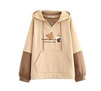 Kawaii Hoodie Sweatshirt Teen Girls Cute Bear Milk Tea Patch Embroidery Pullover Hooded Tops Fake Two-piece Plus Velvet Loose Hoodies (Khaki)