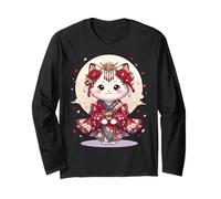 Kawaii Kimono Cat Japanese Sakura Blossom Cute Kimino Cat Long Sleeve T-Shirt