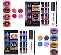 Kawaii Kisses Glitter Lip Kit - 4 Colors Shiny Diamond and Metallic Makeup Lipstick Gloss With Primer and Brush (Mixed)