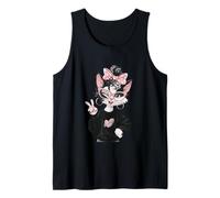 Kawaii Kitten Girl Winking Peace Sign Pink Glasses Graphic Tank Top