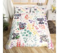 Kawaii Koala Bedding Set Single,Cartoon Koala Flower Duvet Cover for Kids Girls Boys,Cute Watercolor Floral Bed Set Wildlife Animal Print Duvet Cover with 1 Pillowcase