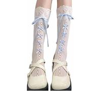 Kawaii Lace Lolita Socks - Women's Y2K Balletcore Sweet Bow Ribbon Socks Mesh Sheer Trouser Socks Japanese Harajuku JK Fishnet Stockings Gothic Punk High Tube Sock for Mary Jane Shoes (Blue)