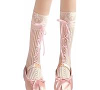 Kawaii Lace Lolita Socks - Women's Y2K Balletcore Sweet Bow Ribbon Socks Mesh Sheer Trouser Socks Japanese Harajuku JK Fishnet Stockings Gothic Punk High Tube Sock for Mary Jane Shoes (Pink)