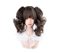 Kawaii Lolita Wig Short Curly Hair Double Ponytails Japanese Tea Party Wig Fiber Hair for Daily Party (Cool Brown)