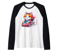 Kawaii Longhair Cat Racing Gear Driving Drifting Cute Kitten Raglan Baseball Tee