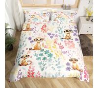 Kawaii Meerkat Duvet Cover King,Cartoon Meerkat Flower Bedding Set for Kids Girls Boys,Cute Watercolor Floral Bed Set Wildlife Animal Duvet Cover with 2 Pillowcases
