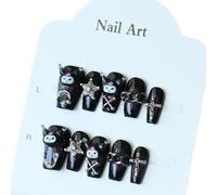 Kawaii - meets - Gothic: Press - On - Nails Black with Cute Cat Motifs and Mystical Decorations