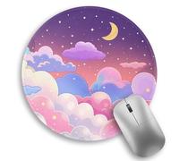 Kawaii Moon Cloud Star Sky Night Mouse Pad, Small Round Mouse Pads for Desk, Mini Travel Mousepad for Wireless Computer Laptop, Pastel Purple Lilac Violet Office Desk Accessories