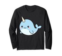 Kawaii Narwhal Cartoon - Cute Blue Narwhal Illustration Long Sleeve T-Shirt