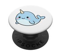 Kawaii Narwhal Cartoon - Cute Blue Narwhal Illustration PopSockets Adhesive PopGrip