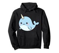 Kawaii Narwhal Cartoon - Cute Blue Narwhal Illustration Pullover Hoodie