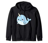 Kawaii Narwhal Cartoon - Cute Blue Narwhal Illustration Zip Hoodie