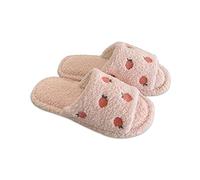 Kawaii Open Toe Slippers Women's Cute Strawberry Fluffy Cozy House Shoes Sandals Fur Warm Comfy Slip On Slide Slippers, Pink, 6