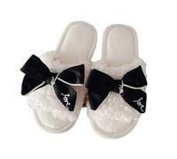 Kawaii Open Toe Slippers Women's Soft Bow Tie Fluffy Cozy House Shoes Sandals Fur Warm Comfy Slip On Slide Slippers (6,Black), Black