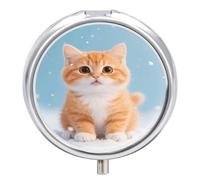 Kawaii Orange Cat Pill Case with Retro Mirror 3 Compartments Pill Organizer Small Round Metal Pill Organizer for Fish Oil Pills or Vitamins Supplements for