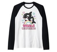 Kawaii Orca Rainbow Whale Watching Chibi Whale Girls Raglan Baseball Tee