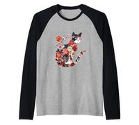 Kawaii Origami cat Japanese Floral Pattern cat Holder Raglan Baseball Tee