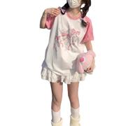 Kawaii Oversized T-Shirt Cute Pink Anime Shirt Japanese Harajuku Patchwork Tee Cartoon Print Loose Teen Girl Plus Size, Pink, L