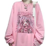 Kawaii Oversized T-Shirt Cute Pink Anime Shirt Japanese Harajuku Tee Rabbit Cat Teen Girl Plus Size, Pink, Large