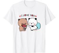 Kawaii Panda Bear Hug Bubu and Dudu I Love You Flower Valentines Days Funny Gift Unisex T-Shirt (White,S)