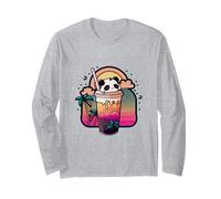 Kawaii Panda Bubble Tea Retro Synthwave Sunset Summer Long Sleeve T-Shirt