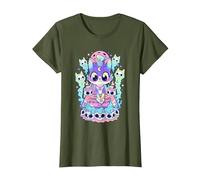 Kawaii Pastel Goth Cute and Scary Occult Cat T-Shirt, Women, Olive Green, X-Large