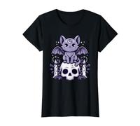 Kawaii Pastel Goth Cute Creepy Cat Bat Skeleton Value Graphic T-Shirt, Women, Black, M