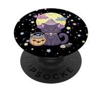 Kawaii Pastel Goth Cute Creepy Halloween Black Cat Witch Hat PopSockets Adhesive PopGrip