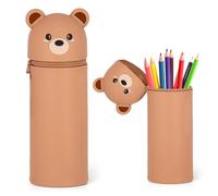 Kawaii Pencil Case 2-in-1 Silicone Pencil Case with Zip, Standing Pencil Case Bear, 3D Animal Pen Holder, Cartoon Pencil Case, Brown Bear School Pencil Case, for School Home Office
