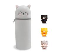 Kawaii Pencil Case, 2-in-1 Soft Silicone Bag, Stand Up Pencil Case, Animal Pen Holder, Cartoon, Zip, Cute School Supplies, Pencil Bag for Girls and Boys, /, grey cat